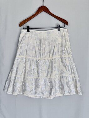 DKNY Ivory Metallic Silver Embroidered Floral Applique Tiered Midi Skirt Size 12